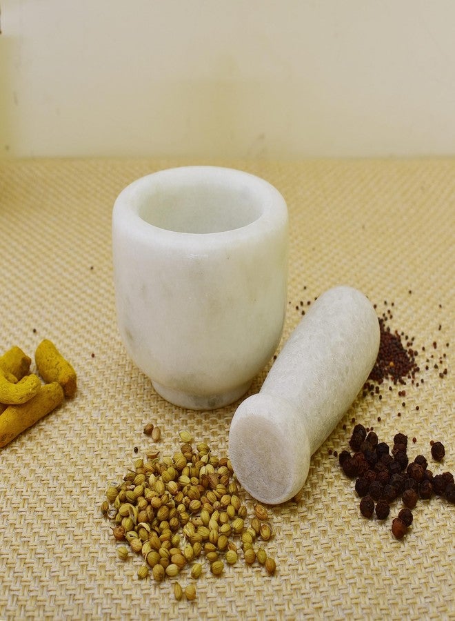 KunhaR Natural White Marble Mortar and Pestle Set, Imam Dasta, Ohkli Musal, Kharal - 3 x 2.5 Inches, White, (Half Polish) - Image 2